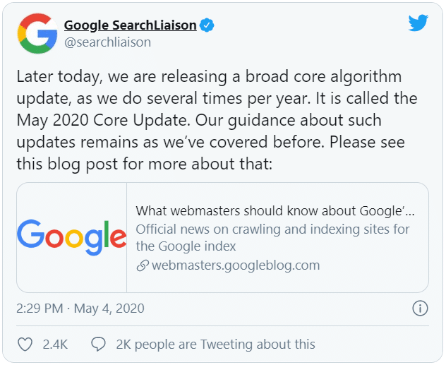 Tweet de Google: mise à jour algorithme May 2020